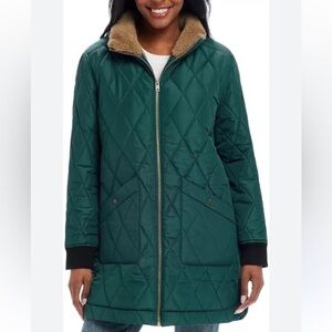 Weatherproof  Deep Green Quilted Puffer Coat Sherpa Lined Medium New